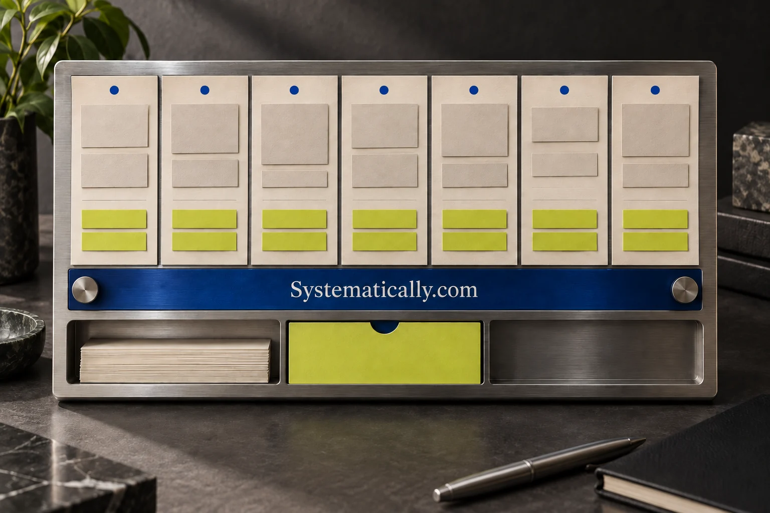 A tactile weekly planning board with capacity blocks, recurring routines, and a reset card for unfinished work.
