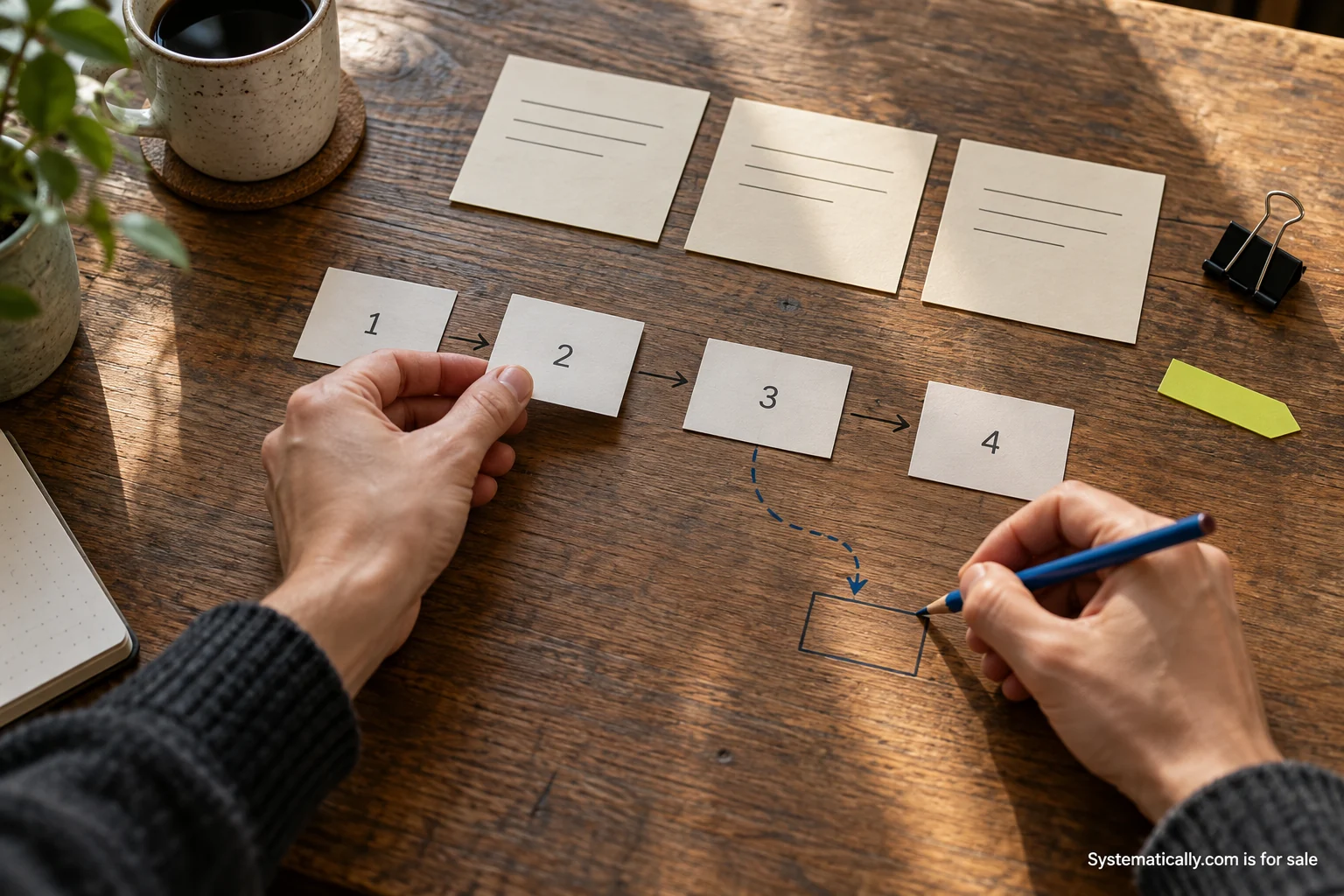 A concise process guide beside a marked-up flowchart, role notes, and an exception card.